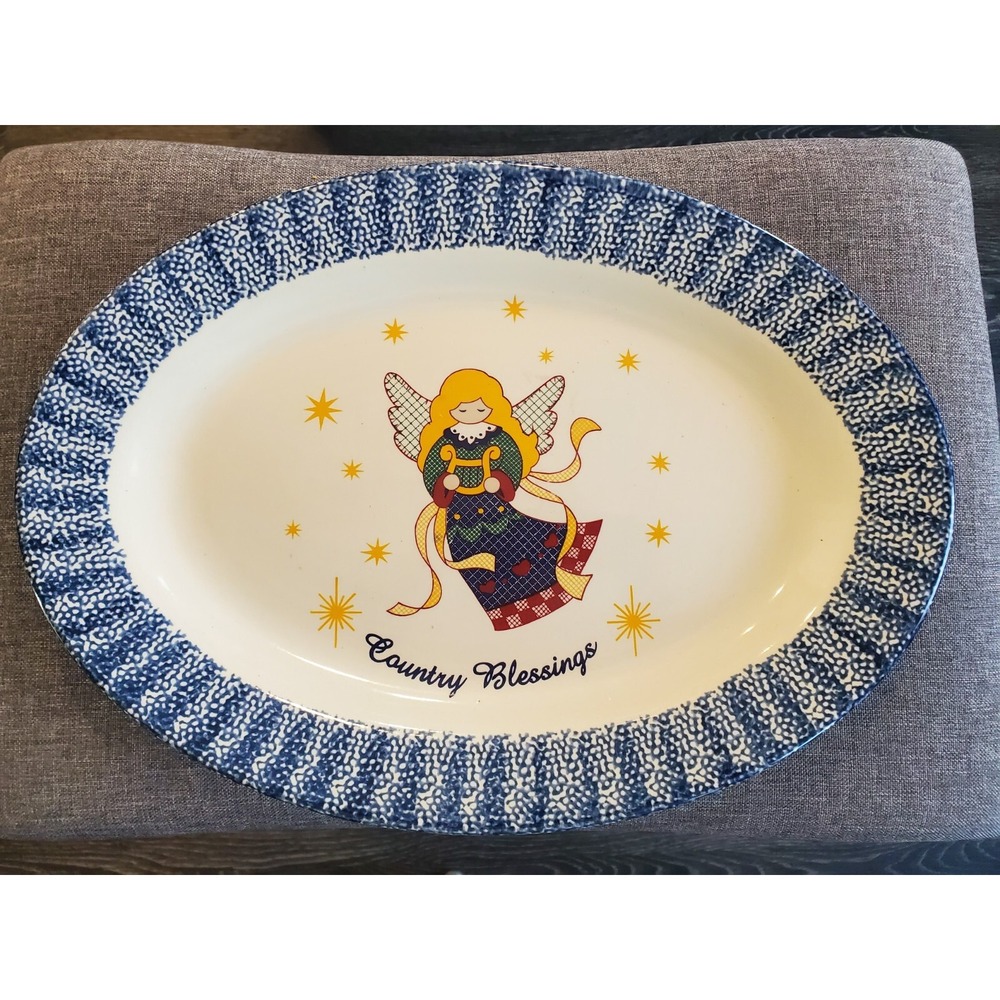 Vintage Country Blessing Large Serving Platter. Blue and white